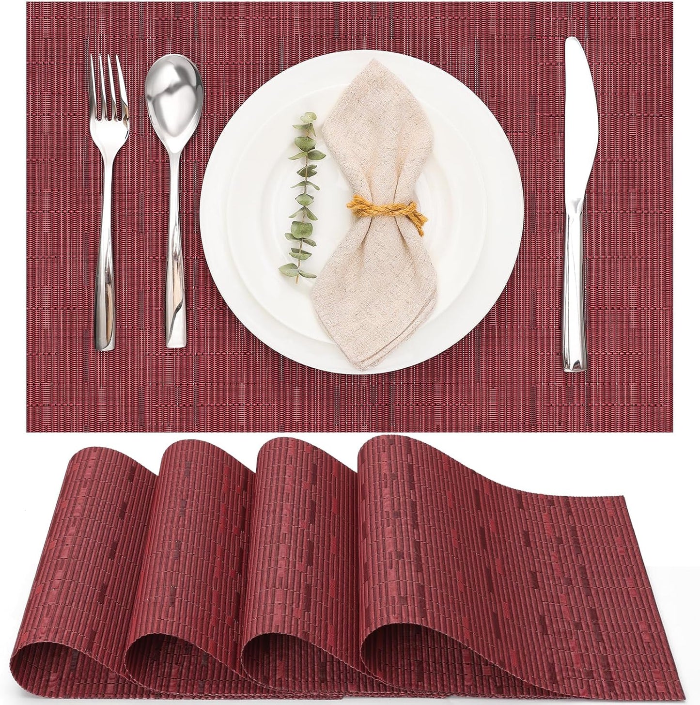 Myir JUN Placemats Set of 4, Vinyl Woven Placemats Place Mats Indoor Set of 4 Washable Table Mats Non-Slip Place mats for Dining Table (Red, Set of 4)