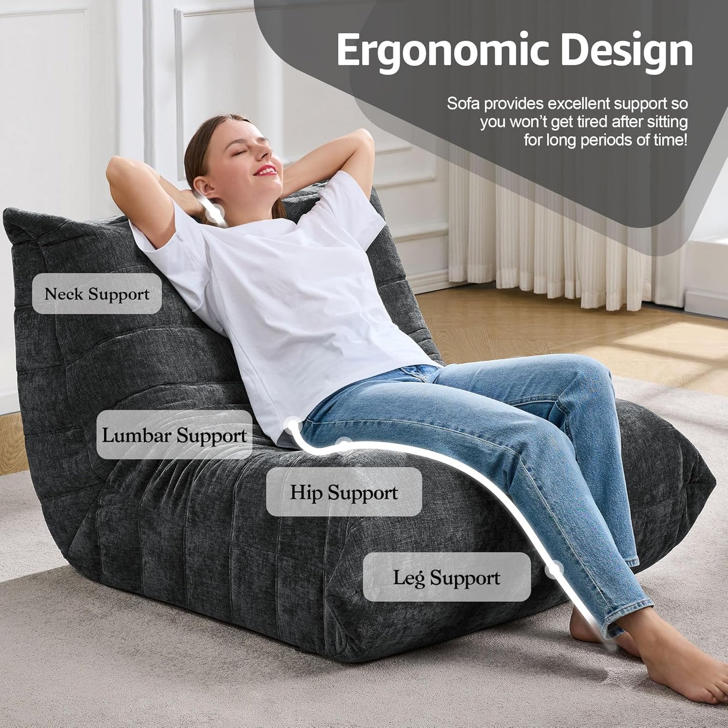 Bean Bag Chairs for Adults Giant Bean Bag Chair Memory Foam BeanBag Chair Big Bean Bag Sofa with Filler Faux Fur Fireside Beanbags Lazy Sofa for Living Room Bedroom Dorm Office (Darkgrey Chenille)