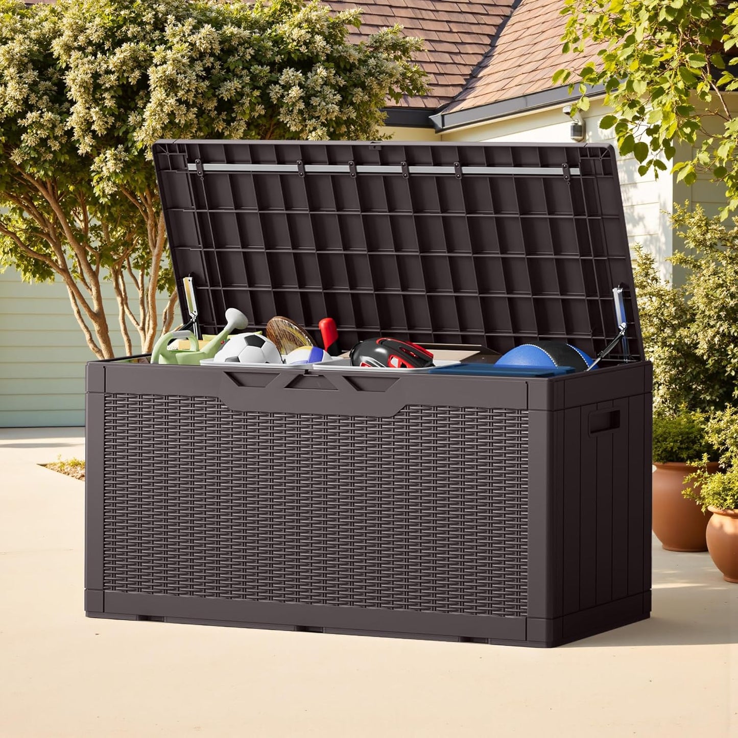 Greesum 100 Gallon Resin Deck Box Lockable Large Outdoor Storage Boxes for Garden Tools, Patio Furniture Cushions, Pool Supplies, Dark Brown