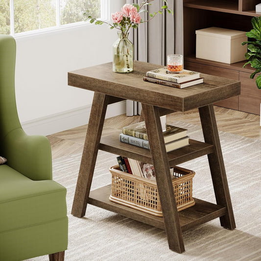 Tribesigns Small Wood End Table, 3-Tier Farmhouse Narrow Couch Side Table with Storage, Vintage Sofa Side Table for Living Room, Heavy-Duty Wooden Bedside Table for Bedroom, Small Spaces, Rustic Brown