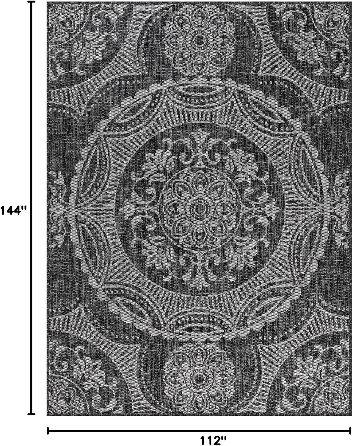 Medallion Outdoor Rug 9x12 Washable Outside Carpet for Indoor Patio Porch Waterproof Easy Cleaning Non Shedding Area Rugs Dark Gray 9 x 12