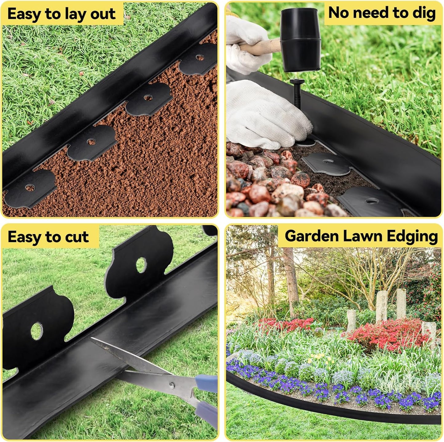 GOTGELIF No Dig Landscape Edging Border, 2'' Tall 40FT Garden Edging Kit with 60pcs Anchoring Stakes for Lawn, Flower Beds, Gardens and Yards (Black)