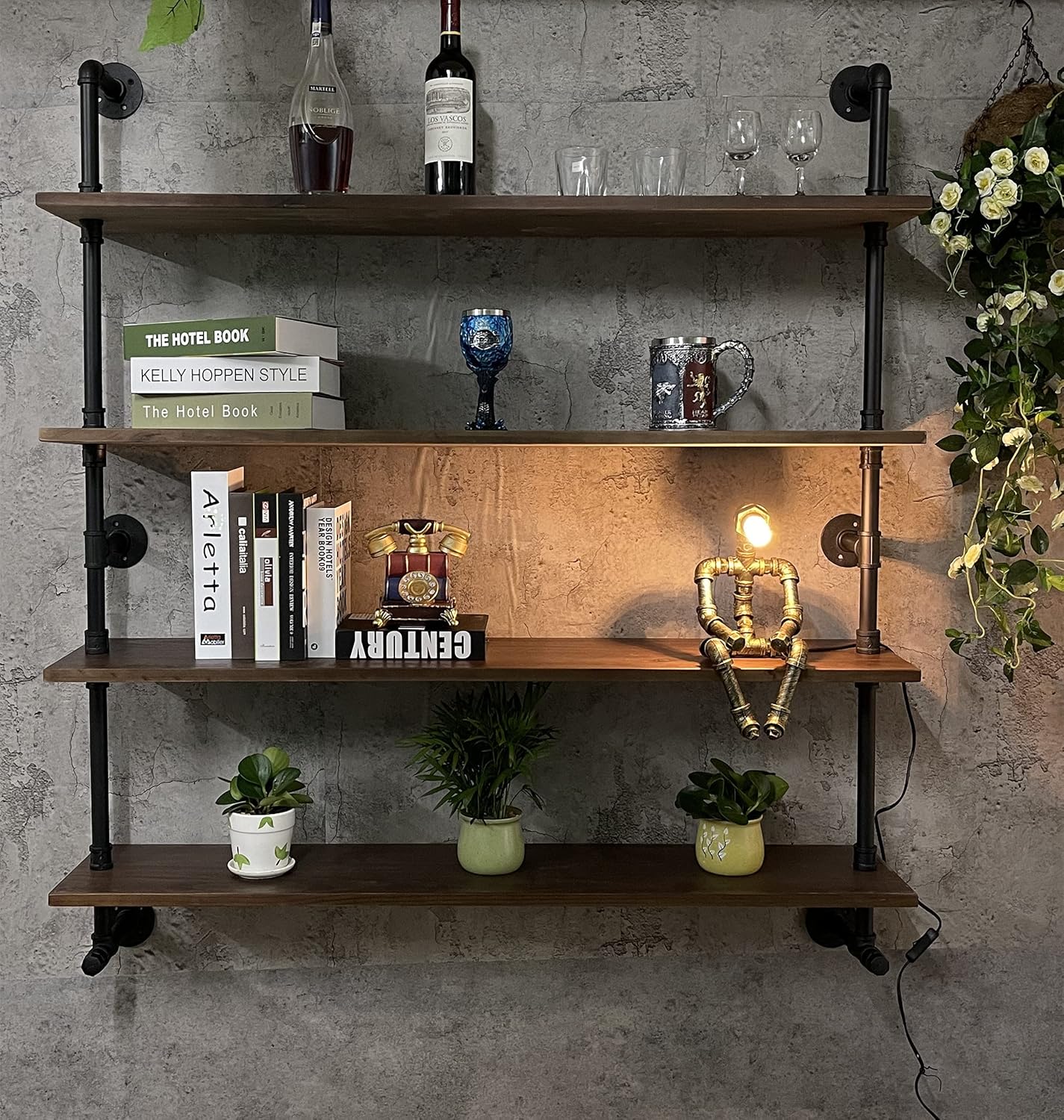Industrial Pipe Wall Shelves With Real Wood Plank, 48 Inches Floating Shelves for Wall, 4 Tier Farmhouse Book Shelves, Dark Brown for Kitchen, Living Room Decor and Bar
