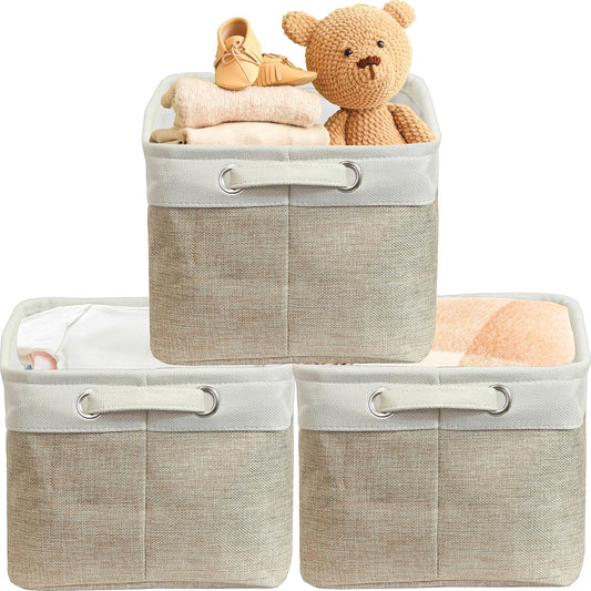 SIMPLE HOUSEWARE Large Fabric Storage Bin, 14.4" x 10" with Handles, 3-Pack, Foldable Organizer for Closet and Shelf, Beige
