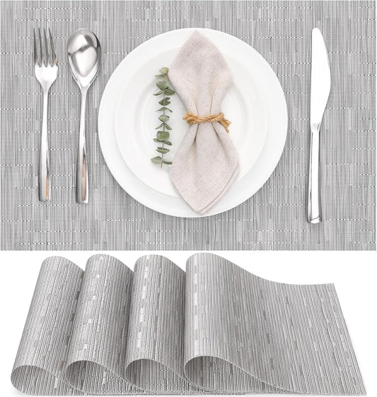 Myir JUN Placemats Set of 4, Vinyl Woven Placemats Place Mats Indoor Set of 4 Washable Table Mats Non-Slip Place mats for Dining Table (Silver, Set of 4)