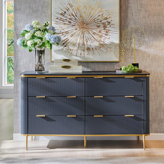 T4TREAM Fluted 6 Drawers Dresser for Bedroom, 54" Wide Modern Dresser TV Stand, Gold Accents, Fluted Fronts, Wood Storage Dressers Organizer for Bedroom, Living Room, (Dark Grey)