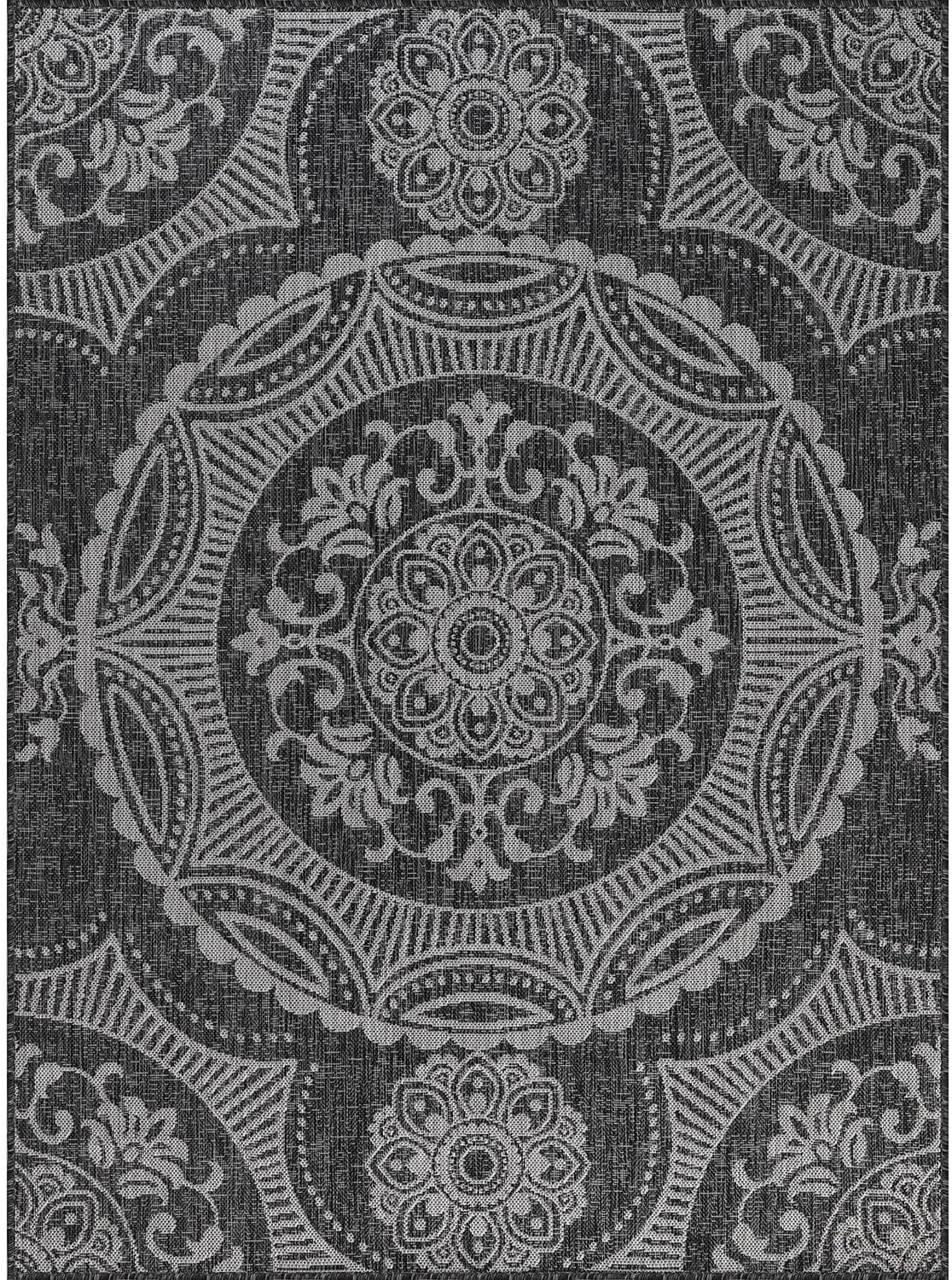 Medallion Outdoor Rug 5x7 Washable Outside Carpet for Indoor Patio Porch Waterproof Easy Cleaning Non Shedding Area Rugs Dark Gray 5 x 7