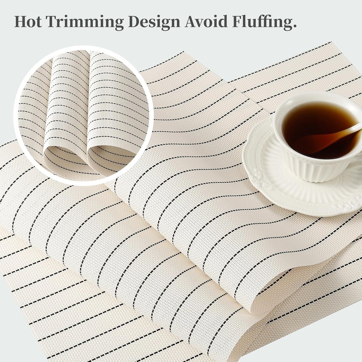 Leetaltree White with Black Stripes Placemats Set of 8 - Heat Resistant Non-Slip Place mats for Dining Table, Washable Durable PVC Vinyl Woven Table Mats（White Stripes, 8）