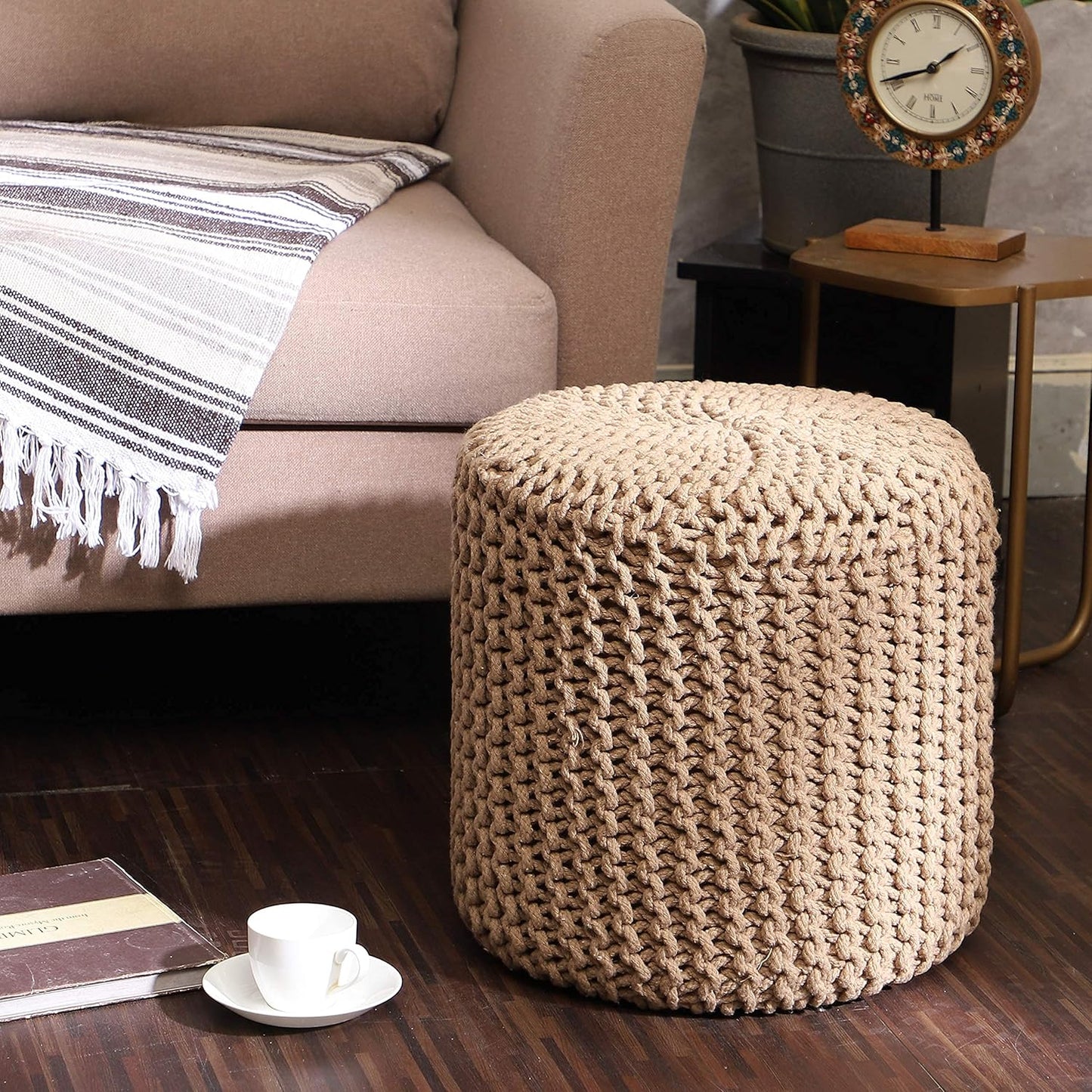 REDEARTH Pouf Ottoman - Cylindrical Knitted Poof - Cord Boho Pouffe - Cotton Round Foot Stool Puff for Home Decor - Living Room - Nursery - Bedroom - Patio - Lounge (16" x 16" x 16") - Beige