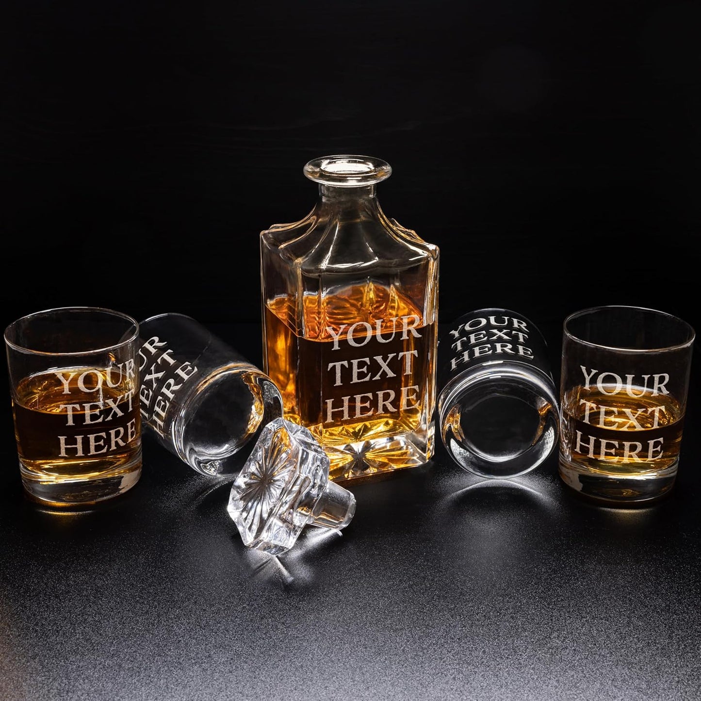 Gifts Inscribed Personalized Whiskey Decanter Set - Engraved Whiskey Decanter Bottle & Set of 4 Custom Drinking Glasses Laser Etched - Customized Whiskey Gift for Wedding, Anniversary, Birthday, Dad