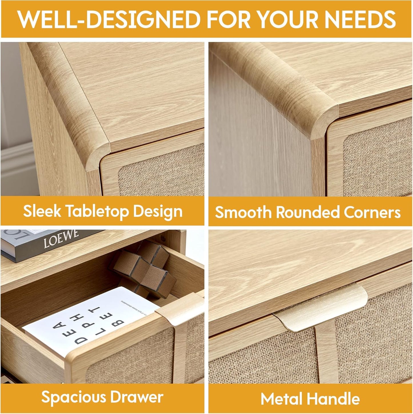 LEVNARY Nightstand Set of 2, Mid-Century Modern Bedside Table with Charging Station and Fabric-Like Textured Drawer, Wooden End Table for Farmhouse Bedroom Living Room (2, Natural)