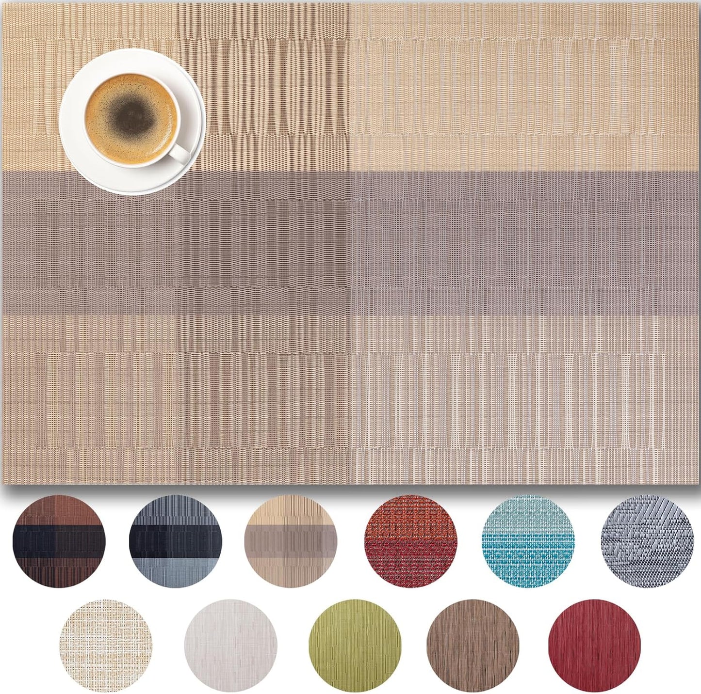 Placemats Set of 4 - Easy Clean Woven Vinyl Placemats for Dining Table, Indoor/Outdoor Place Mats, Washable PVC Table Mats （Gold Dune）