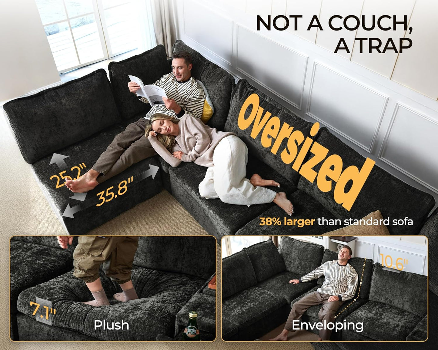 Oversized Modular Sofa Comfy Cloud Couch with Storage, Extra Deep Plush Sectional Sofa Set for Living Room, Covers Washable, Chenille, Olar (Black, 6-Seater with 2 Ottomans, u-Shaped)