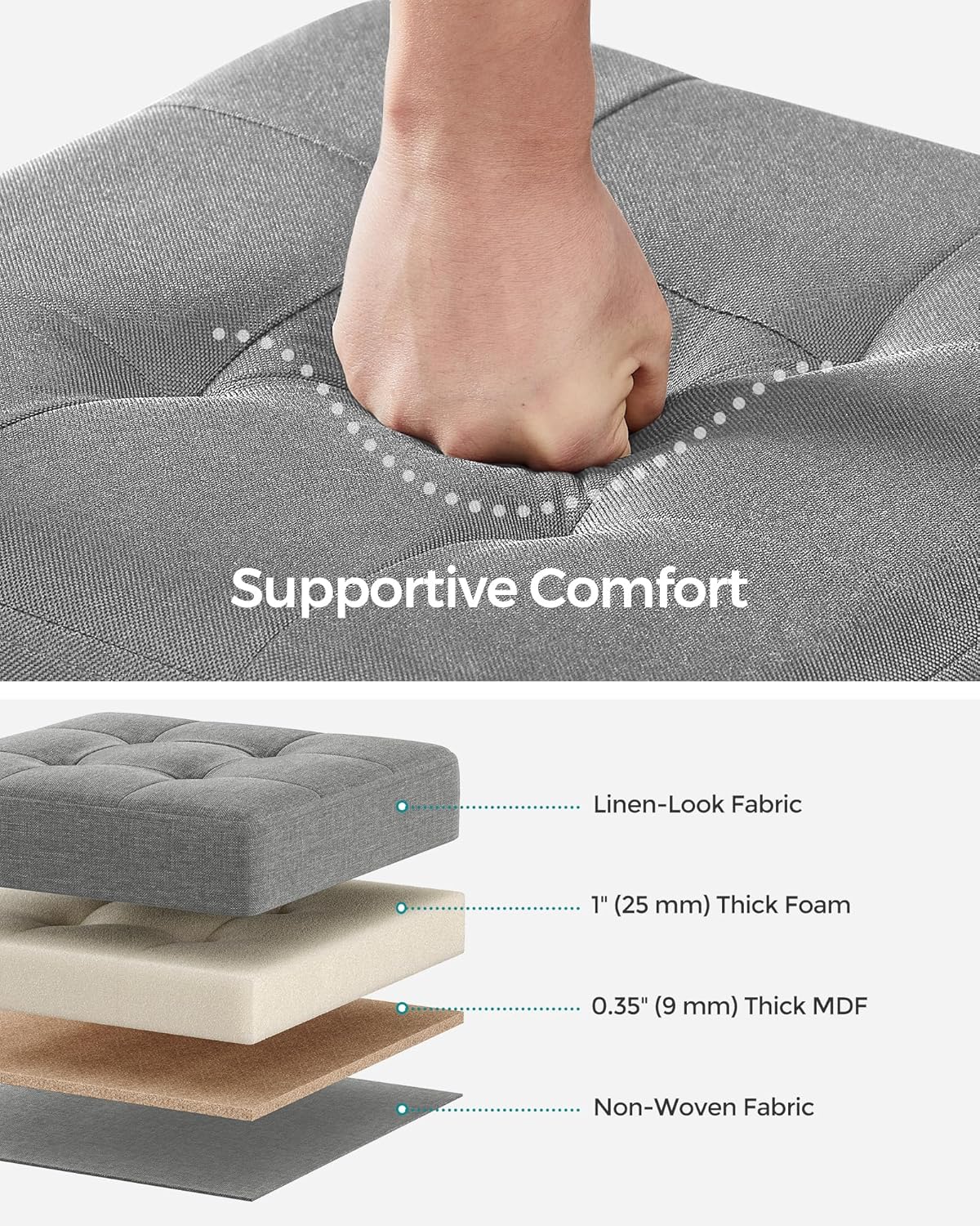 SONGMICS Storage Ottoman, Small Ottoman Foot Rest with Legs, 15 x 15 x 15.7 Inches Foot Stool, Load up to 660 lb, for Living Room, Bedroom, Dorm, Dove Gray ULSF014G02