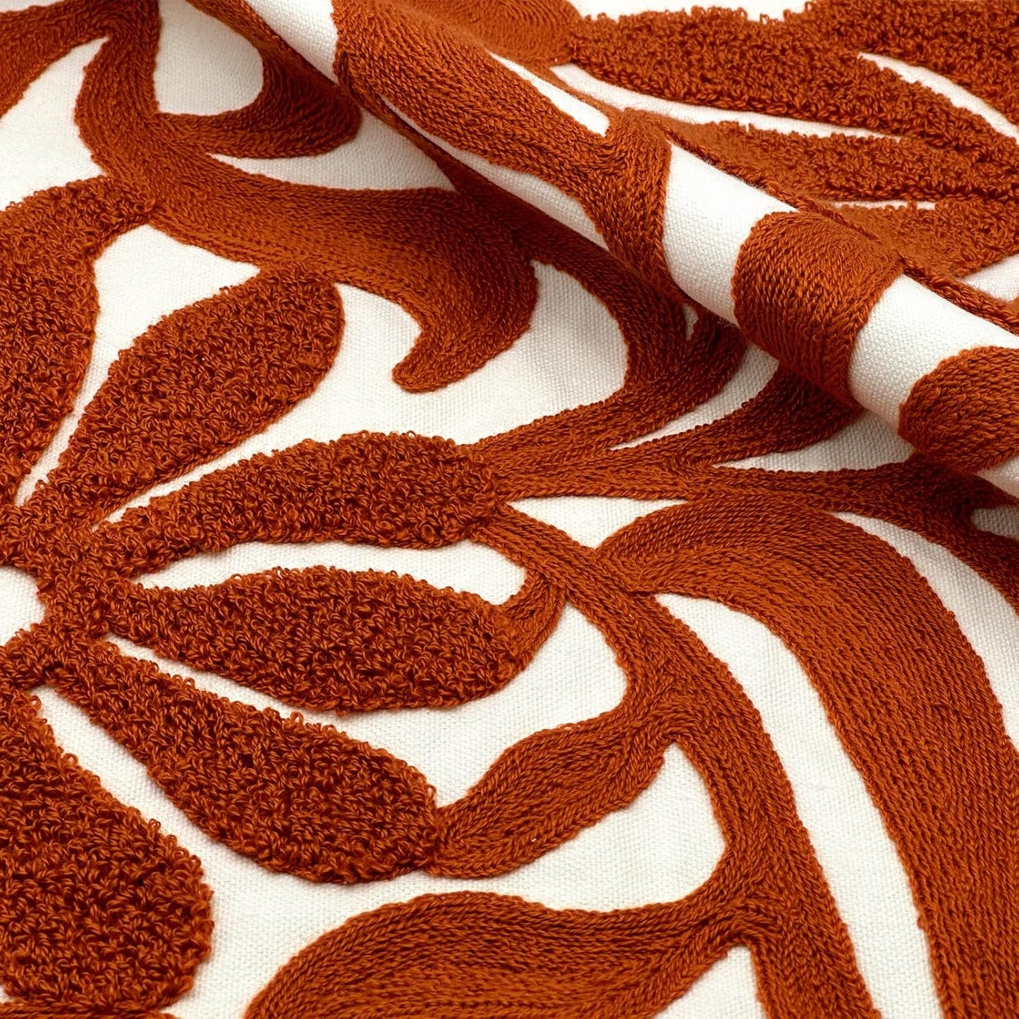 Alysheer Farmhouse Floral Leaves Embroidered Decorative Throw Pillow Cover 18x18 inches, Boho Tufted Flowers Embroidery Pattern Chic Cotton Cushion Case for Couch Bed Sofa Living Room(Burnt Orange)