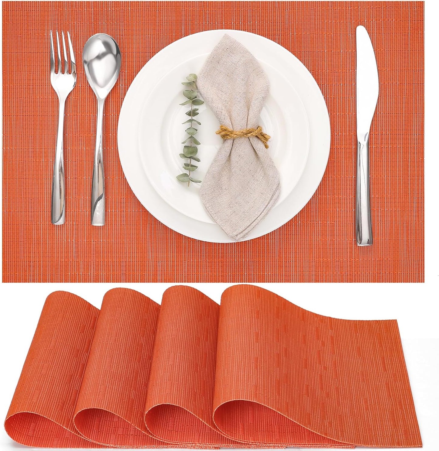 Myir JUN Placemats Set of 4, Vinyl Woven Placemats Place Mats Indoor Set of 4 Washable Table Mats Non-Slip Place mats for Dining Table (Orange, Set of 4)