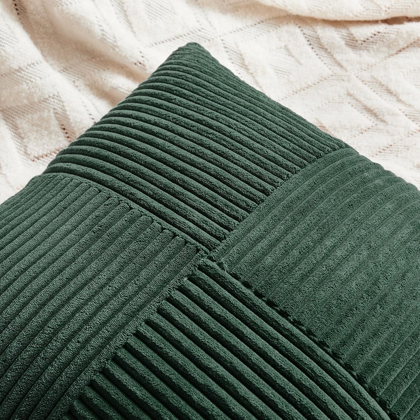 Fancy Homi Set of 2 Dark Green Decorative Throw Pillow Covers 20x20 Inch for Living Room Couch Bed, Boho Farmhouse Forest Green Home Decor, Soft Corss Corduroy Patchwork Textured Cushion Case