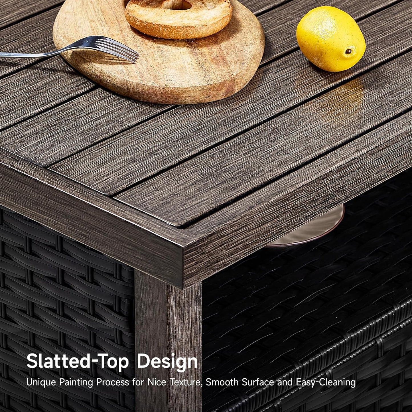 Outdoor Storage Cabinet, Woven Rattan Bar Table with 2 Doors, Slatted-Top, Wicker Console Table for Patio, Garden, Backyard, Kitchen - Black