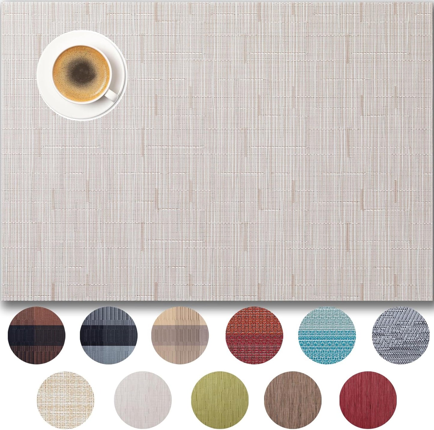 Placemats Set of 12 - Easy Clean Woven Vinyl Placemats for Dining Table, Indoor/Outdoor Place Mats, Washable PVC Table Mats （Pale Beige）