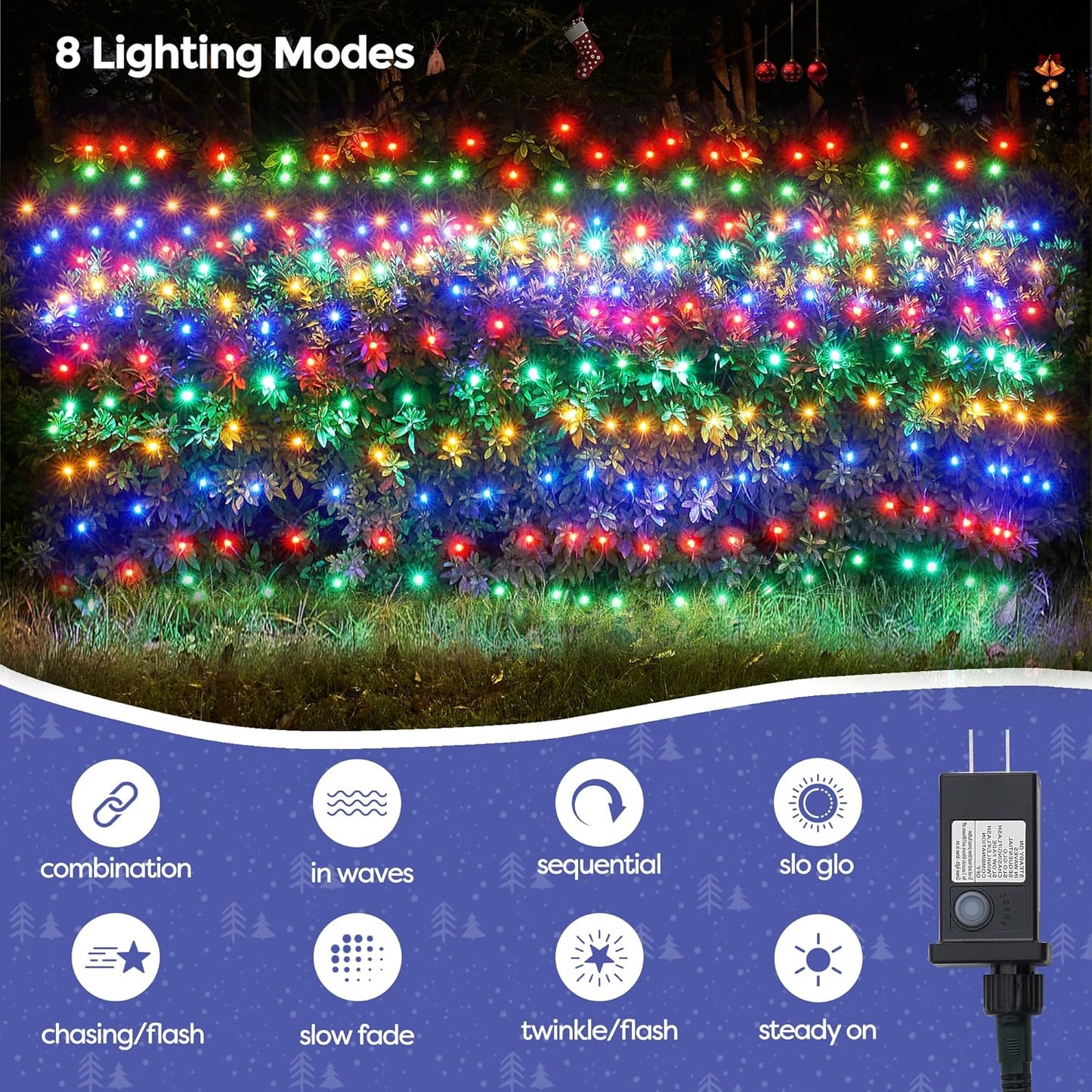 WBao Christmas Lights Outdoor 200LED F8 Big Bulbs, 8.4ft x 5.2ft Christmas Bushes Lights with 8 Modes, Timer, End to End Connectable, Waterproof for Lawn, Bushes Outdoor Xmas Decorations, Multicolor