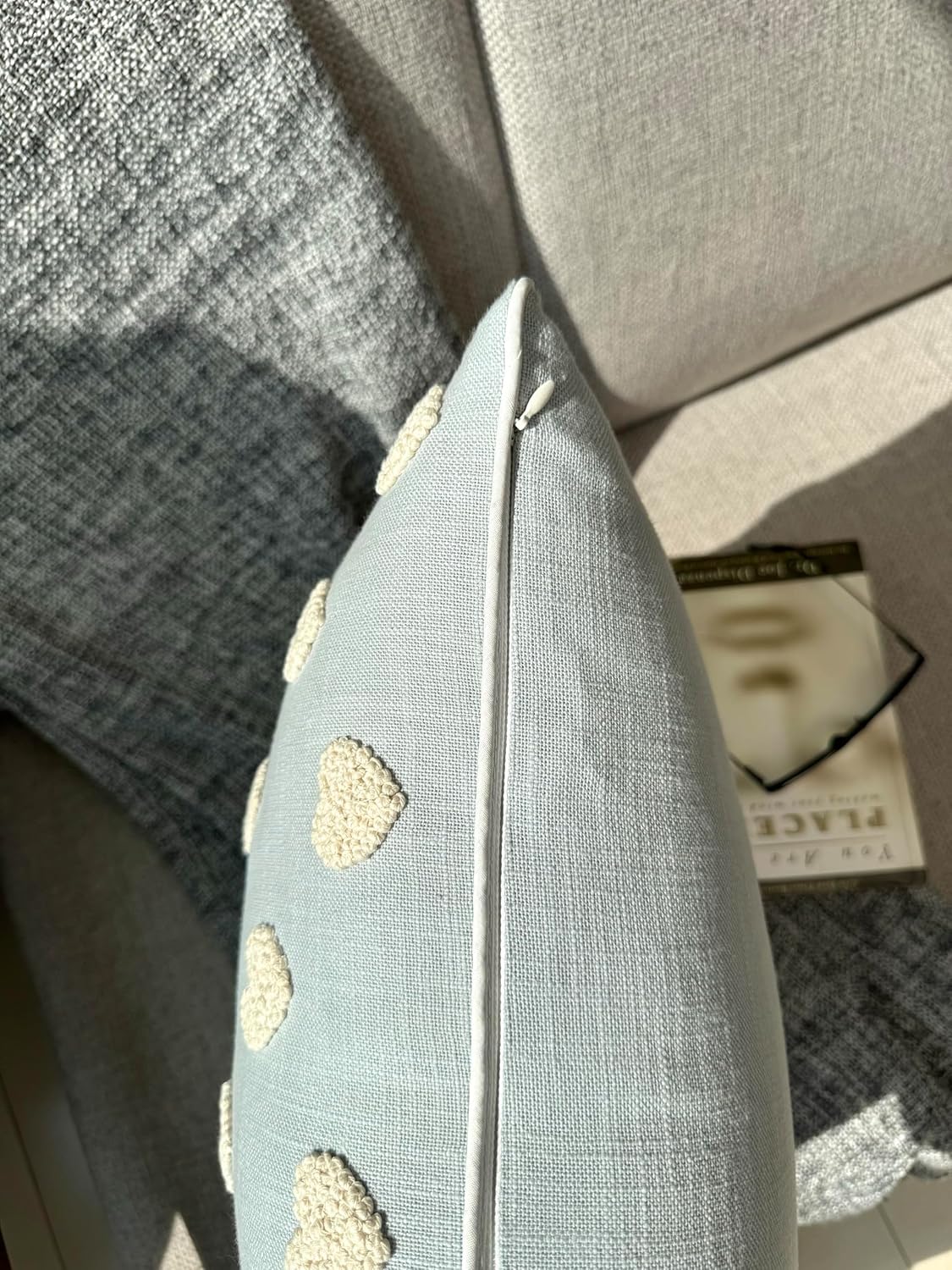 VAGMINE Hand Embroidered French Knotted Hearts Pillow Cover - 18x18 Inches Square - 100% Cotton Robins Egg Decorative Cushion Cover - Romantic Gift for Couples - Valentine’s Bedroom Decor