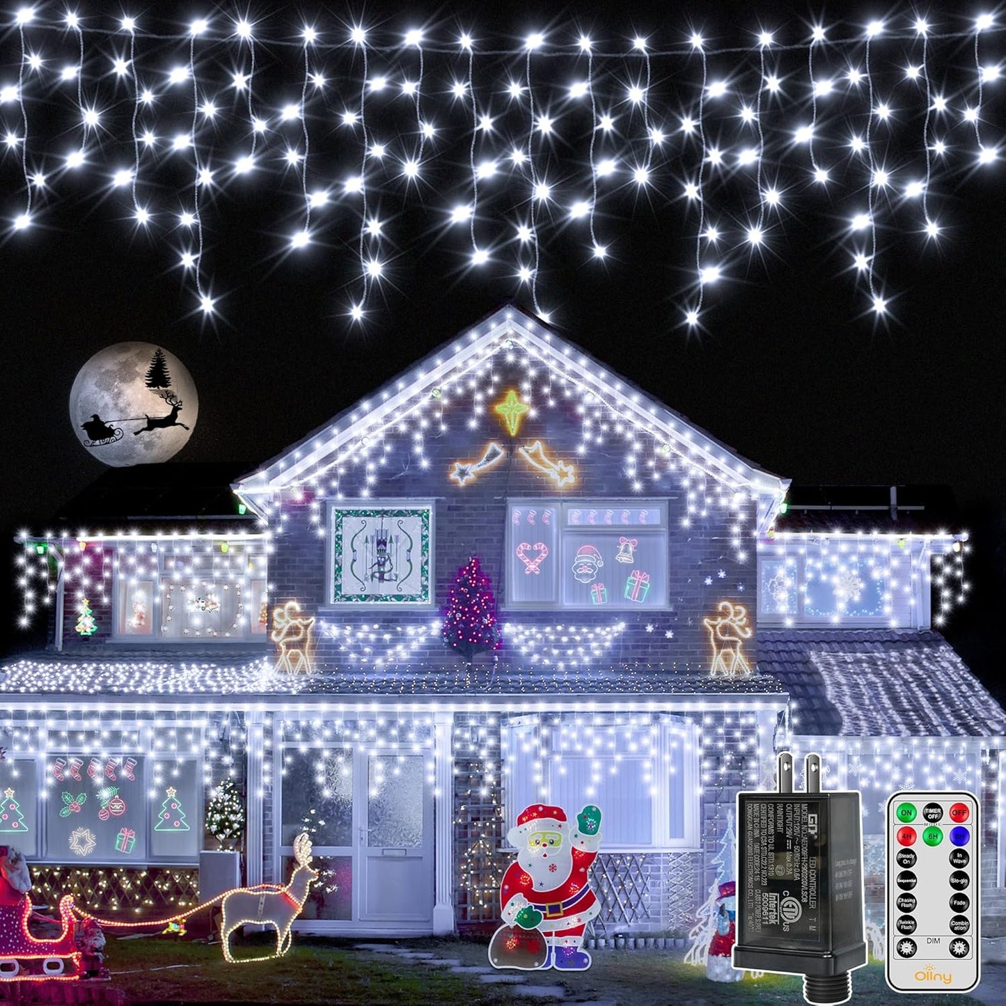 Ollny Icicle Lights for Outside 720LED 60FT, Cool White Christmas Lights with Remote 8 Modes Dimmable, Waterproof Connectable Timer Hanging Light for House Outdoor Yard Indoor Decorations