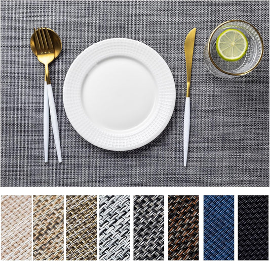 LEXMORE Placemats Set of 8 Vinyl/Plastic Woven Place Mats for Kitchen Table Indoor/Outdoor Washable Placemat Wipeable Dining Table Mats(Dark Gray)