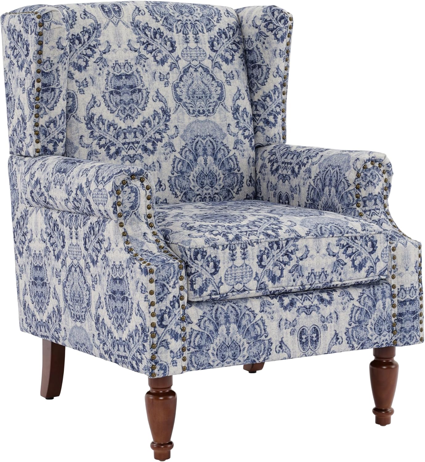UIXE High Back Floral Accent Chairs Set of 2, Upholstered Armchair in Fabric, Retro Printed Wingback Arm Chair for Living Room, Nailhead Trim Single Sofa Bedroom Reading Seat - Navy Blue