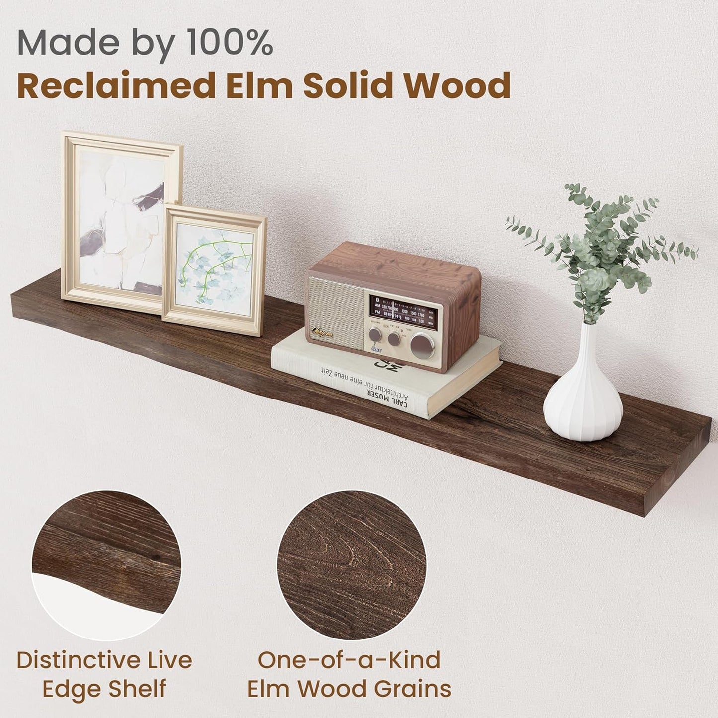 Floating Shelves for Wall Decor, Rustic Solid Elm Wood Live Edge Floating Shelves Wall Mounted, Wall Shelves with Invisible Bracket for Living Room Bathroom Bedroom Kitchen, 36 Inch Set of 2, Walnut