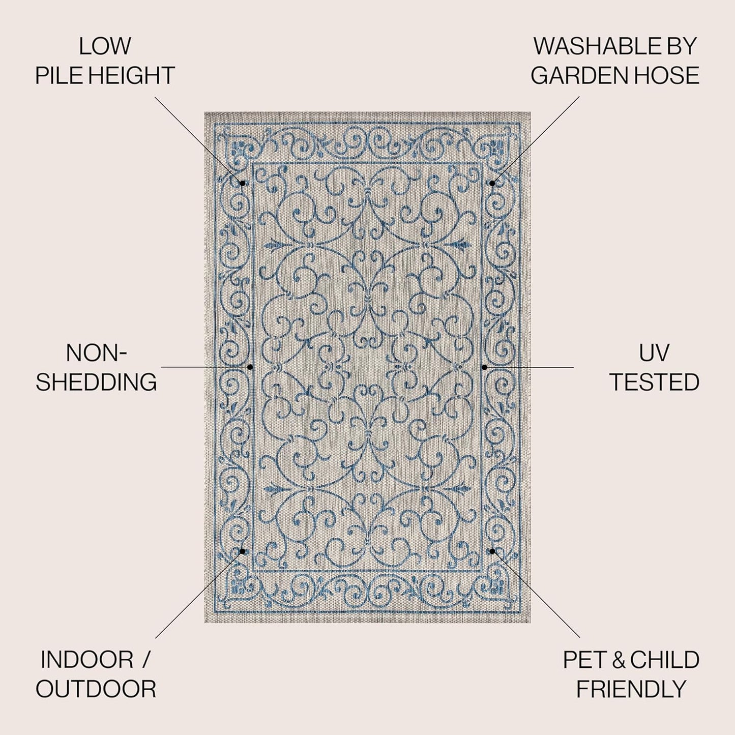 JONATHAN Y Vintage Filigree Indoor Outdoor Square Area Rug 9X9 Gray/Navy, Charleston Textured Weave for Backyard, Patio, Porch, Easy-Cleaning, High Traffic, Pet-Friendly, Non-Shedding (SMB106C-9SQ)
