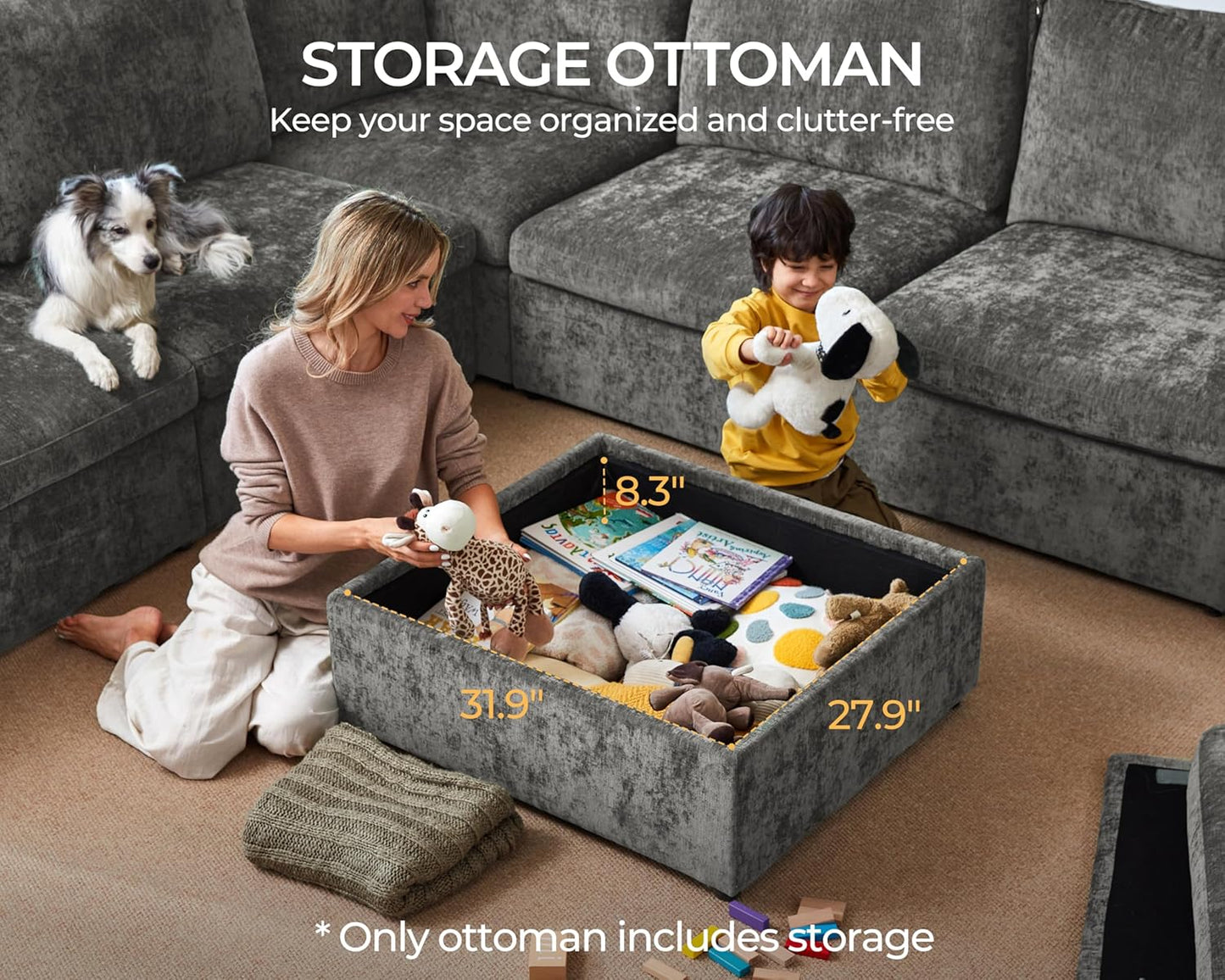 Oversized Modular Sofa Comfy Cloud Couch with Storage, Extra Deep Plush Sectional Sofa Set for Living Room, Covers Washable, Chenille, Olar (Grey, 6-Seater with 2 Corners, u-Shaped)