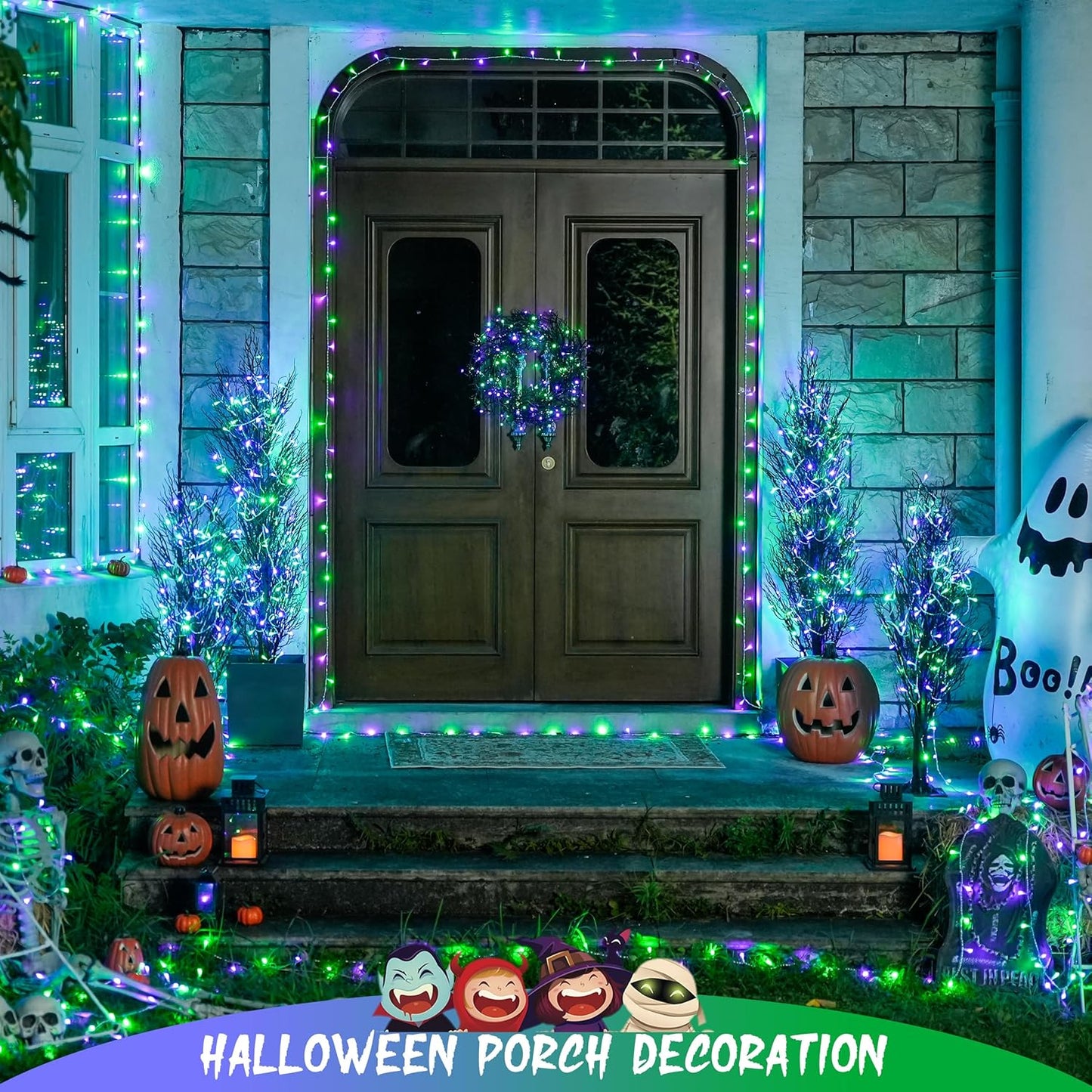 JMEXSUSS Connectable Purple and Green Halloween Lights Plug-in, 8 Modes 100 LED Twinkle String Light Indoor, Clear Wire Christmas Lights Outdoor Waterproof for Halloween Christmas Decor