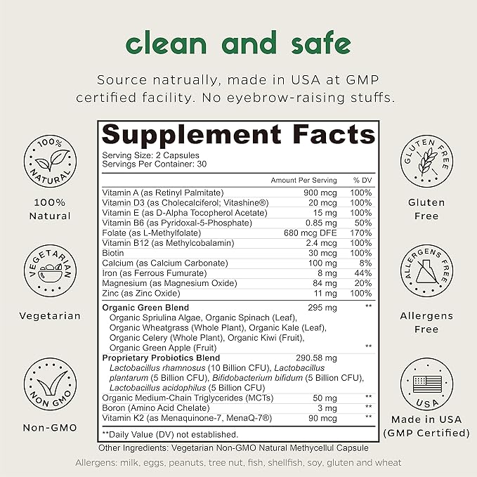 Zenkgo Women's Vitamins + Probiotics 25B B6, B12, B12, Vegan D3, K2 K2 (MK-7), (MK-7), Folate, Superfoods(60Ct/30Day)