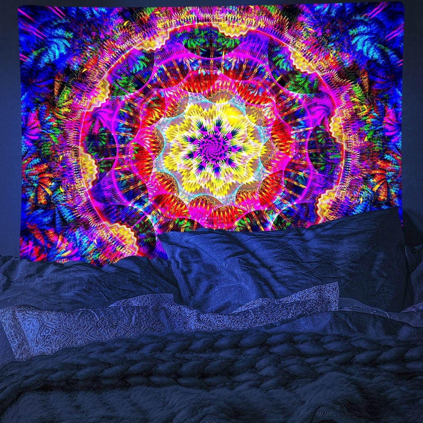 PSYHILAR Blacklight Mandala Tapestry for Bedroom, Psychedelic Black Light Posters for Adults and Teens, Colorful UV Reactive Aesthetic Bohemian Art Wall Hanging Decor (90 x 70 Inches)