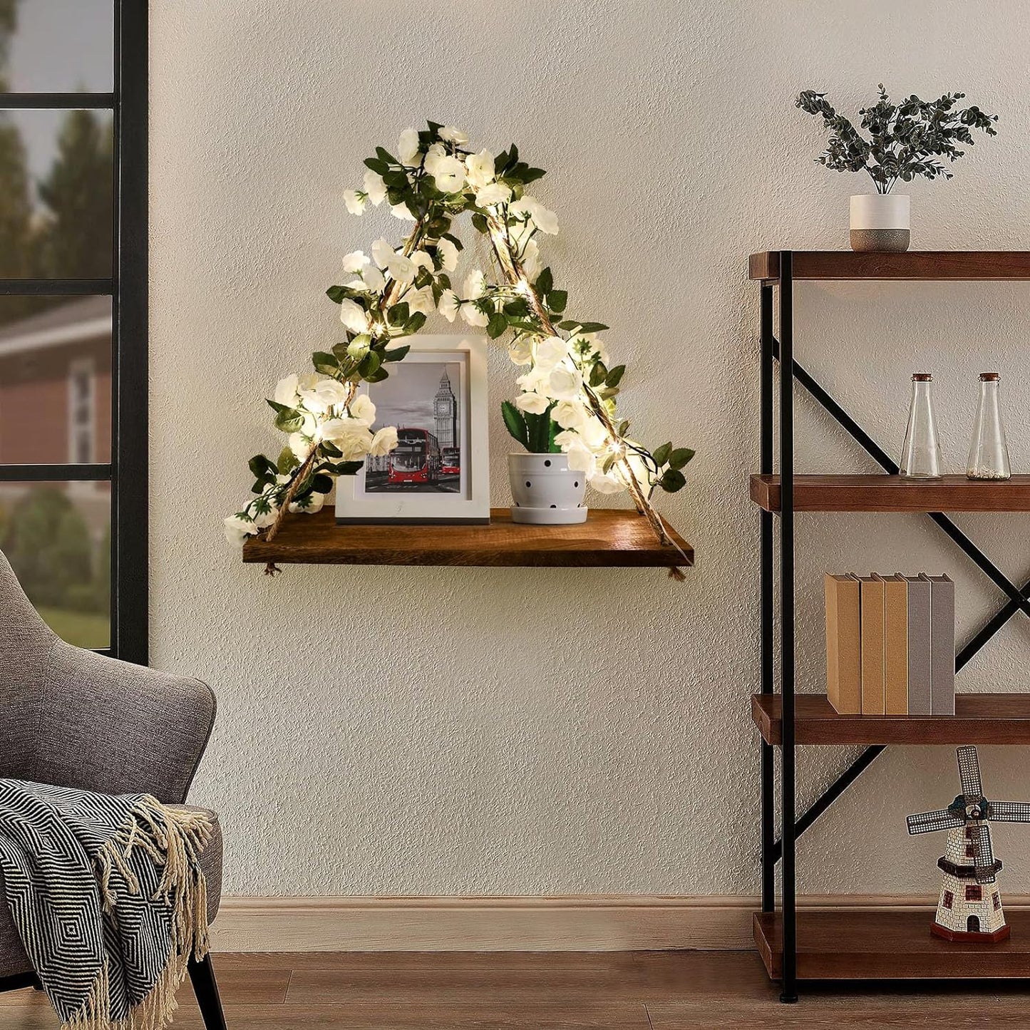 Floating Shelves for Wall,Plant Wall Decor,Hanging Shelf,Cottage Core Decor,Room Decor Aesthetic,Boho Room,Adhesive Shelves,Floating Shelves for No Drilling,Two-Piece Set(White Flower)