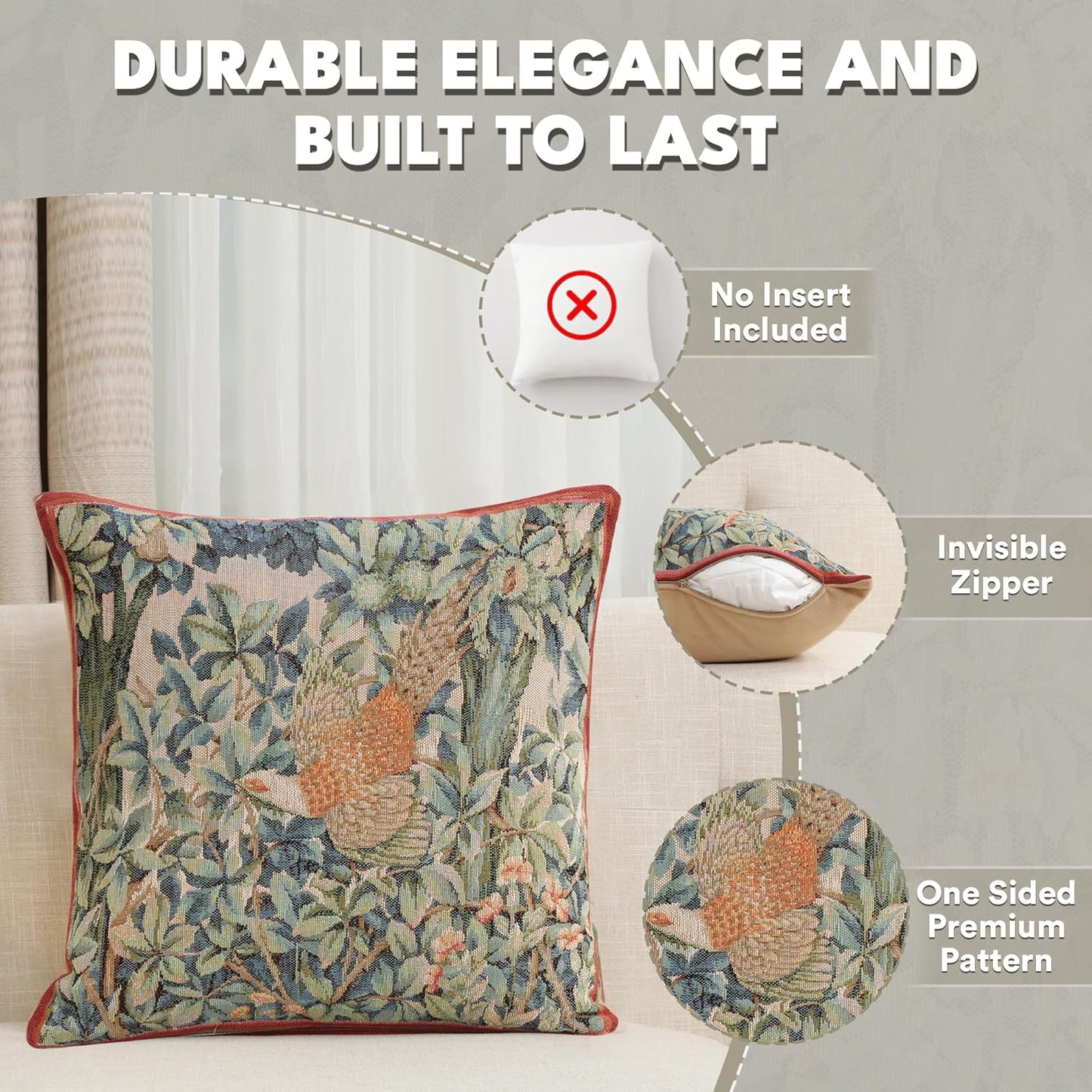 Charlotte Home Furnishings Decorative Tapestry Pillow Cover 19x19 in, Green Pheasant Couch Throw Pillow Cover, French Country Square Cushion Cases for Bed Room Home Decor, Soft Cotton Jacquard Woven