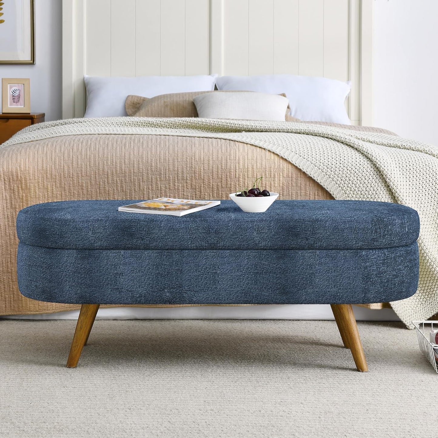 Oval Storage Bench 43.5" Linen Fabric Upholstered Entryway Bench with Solid Wood Legs Ottoman Bench Indoor Bench for Living Room/Bedroom/End of Bed/Entryway (Blue)