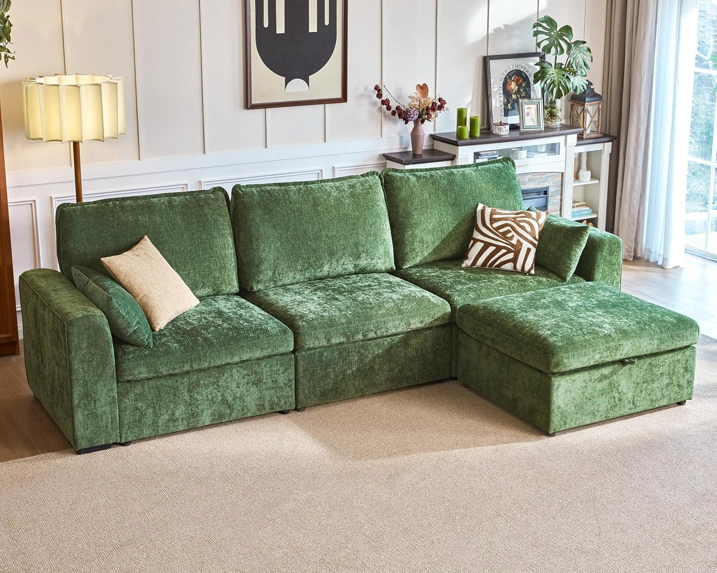 Oversized Modular Sofa Comfy Cloud Couch with Storage, Extra Deep Plush Sectional Sofa Set for Living Room, Covers Washable, Chenille, Olar (Green, 4-Seater with Ottoman, l-Shaped)