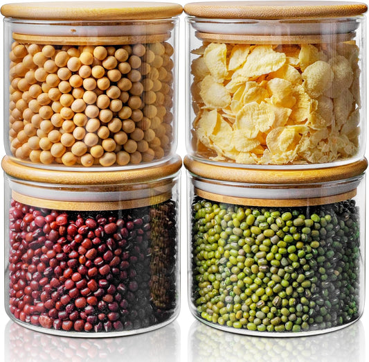 17oz - 4 Pack Glass Jars with Bamboo Lids, Glass Food Storage Containers with Airtight Lids, Air Tight Pantry Storage Containers for Coffee, Sugar, Spice, Meal Prep Jars for Salad & Fruit