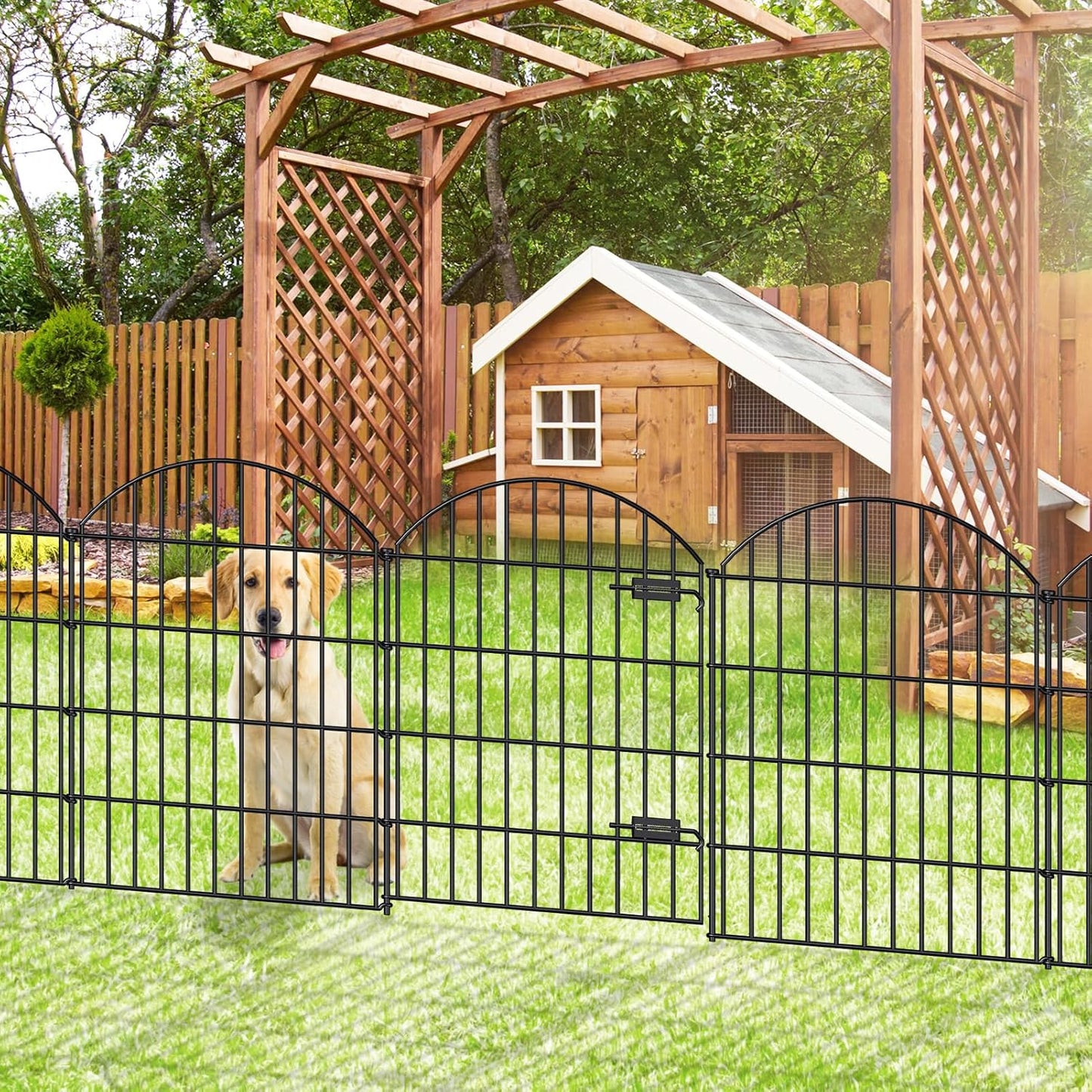 Metal Garden Fence with Gate 36in (H) x 11.7ft (L), 1 Gate+ 4 Panels Dog Fence Border Fence Animal Barrier, No Dig Garden Fencing for Yard Flower Bed Lawn Patio Outdoor, ECG3505, Black