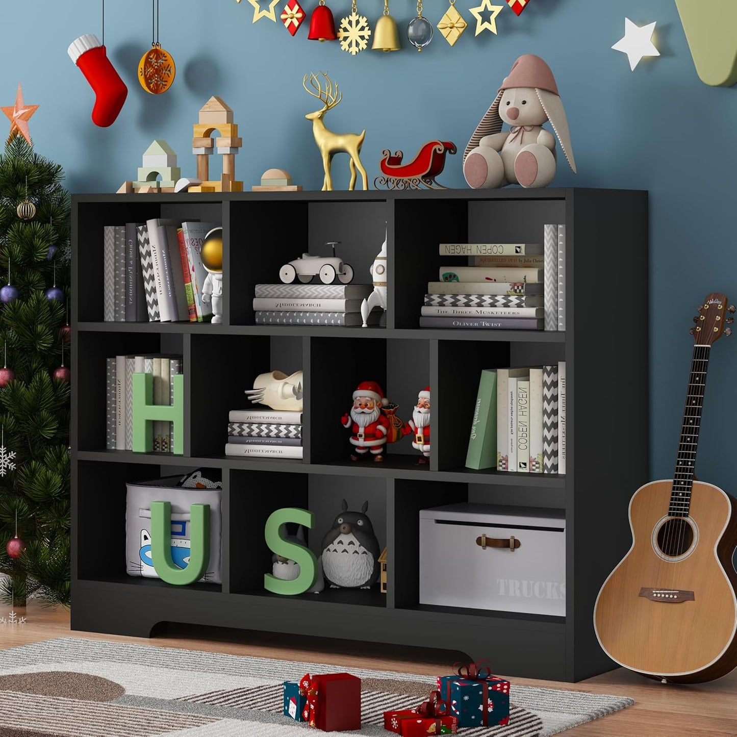 Book Shelf Set of 2, 10 Cubes Storage Organizer, 3-Tier Open Bookshelf Wooden Bookcase, Freestanding Black Bookshelf Cube Shelf for Bedroom, Living Room, Home Office