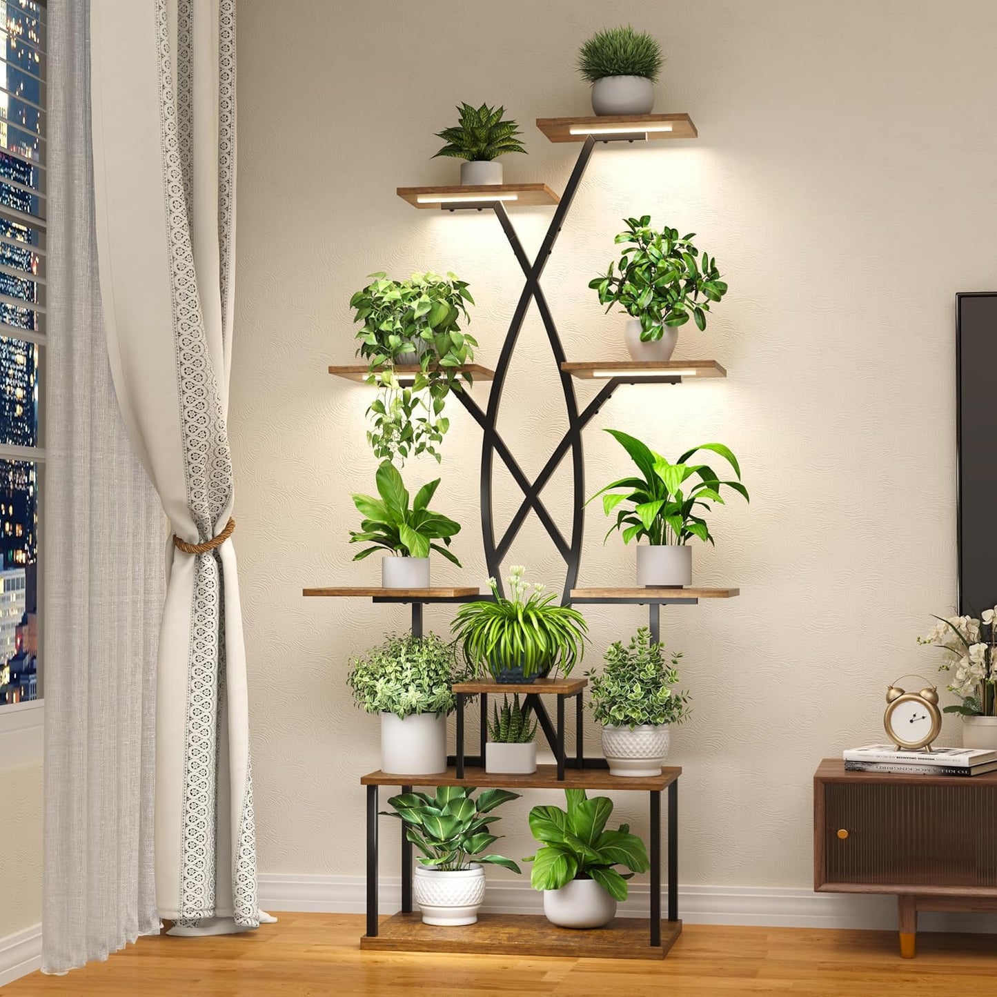 Plant Stand Indoor with Grow Lights - 9 Tiered 66" Tall Metal Plant Shelf, Curved Plant Stand with Adjustable Feets for Multiple Plants, Corner Flower Shelf for Living Room, Patio