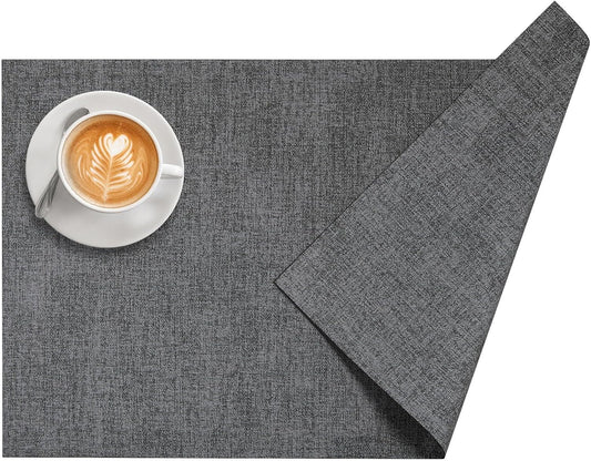 DOLOPL Placemats Set of 4, Reversible Wipeable & Heat Resistant Place Mats, Modern Faux Leather Table Mats for Kitchen, Neutral Waterproof Tablemats for Dining Table Decor, Wedding, Party(Charcoal)
