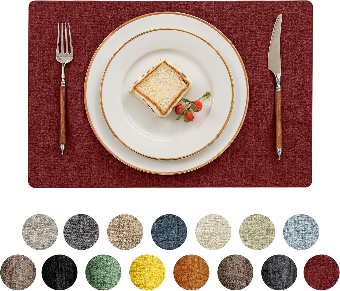 Romanstile Vinyl Placemats Set of 8-12 X 18 Inch - Heat Resistant Place Mats 100% Waterproof Oilproof Wipeable Reversible Faux Leather Table Mats for Kitchen/Dining/Party/Outdoor, Red