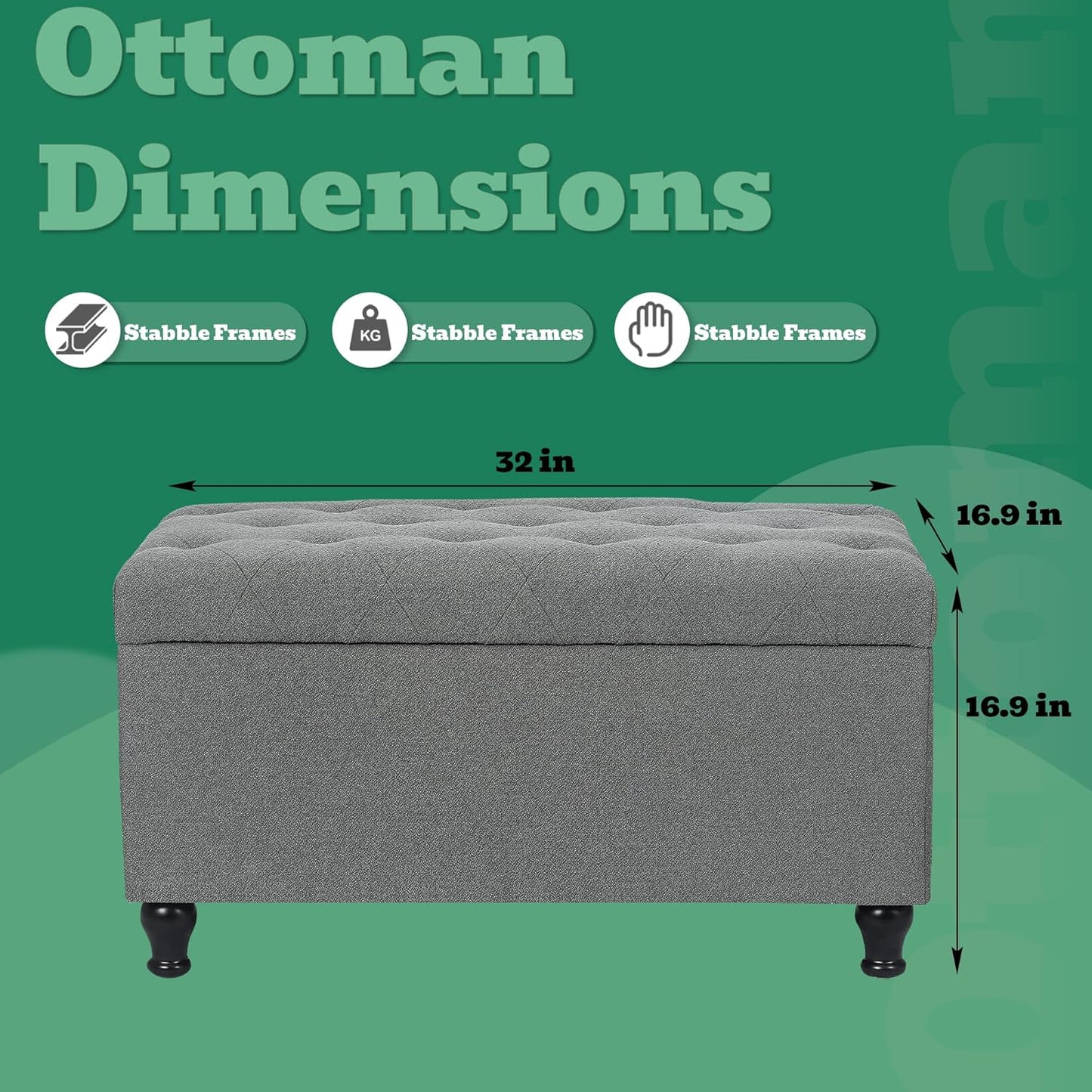 Ottoman with Storage 32'' Ottoman Storage Bench Fabric Ottomans Footstools Upholstered Foot Rest Stool for Couch, Living Room, Bedroom, Entrance Shoe Bench Gray