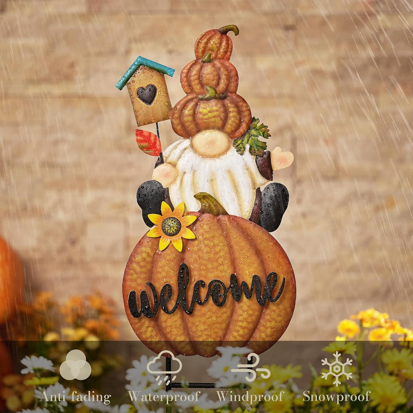 TERESA'S COLLECTIONS Fall Gnome Pumpkin Decorations for Outdoor Home, Metal Fall Decor Welcome Signs Stakes, Orange Autumn Yard Decor for Thanksgiving, Harvest Garden Patio Gift for Mom 25"