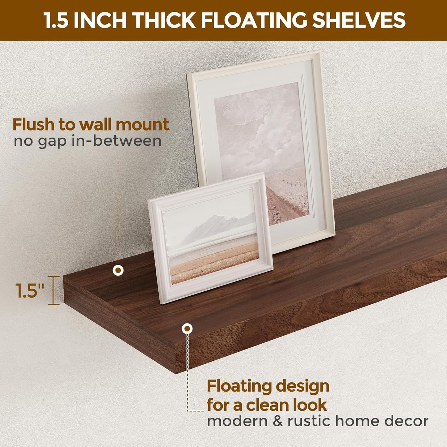 40 Inch Floating Shelvese, 40" W x 9" D Floating Shelf Set of 2, Farmhouse Wood Wall Shelves for Bedroom, Kitchen, Wall Mounted Deep Shelving for Home Decor, Walnut Color