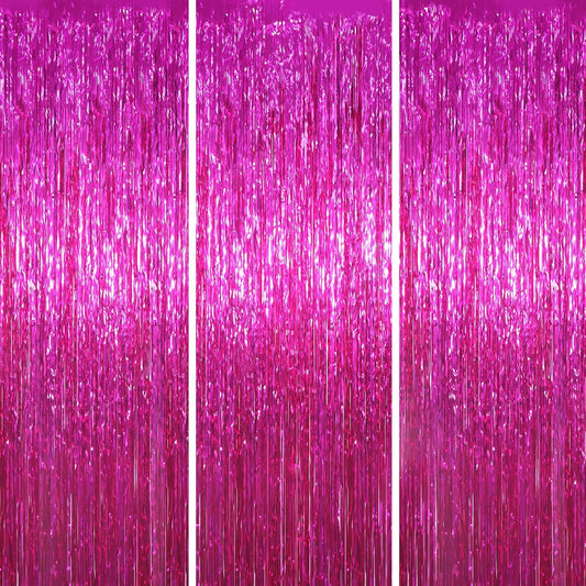 3 Pack 3.3x8.2 Feet Pink Foil Fringe Backdrop Curtains, Tinsel Streamers Birthday Party Decorations, Fringe Backdrop for Graduation, Baby Shower, Gender Reveal, Disco Party