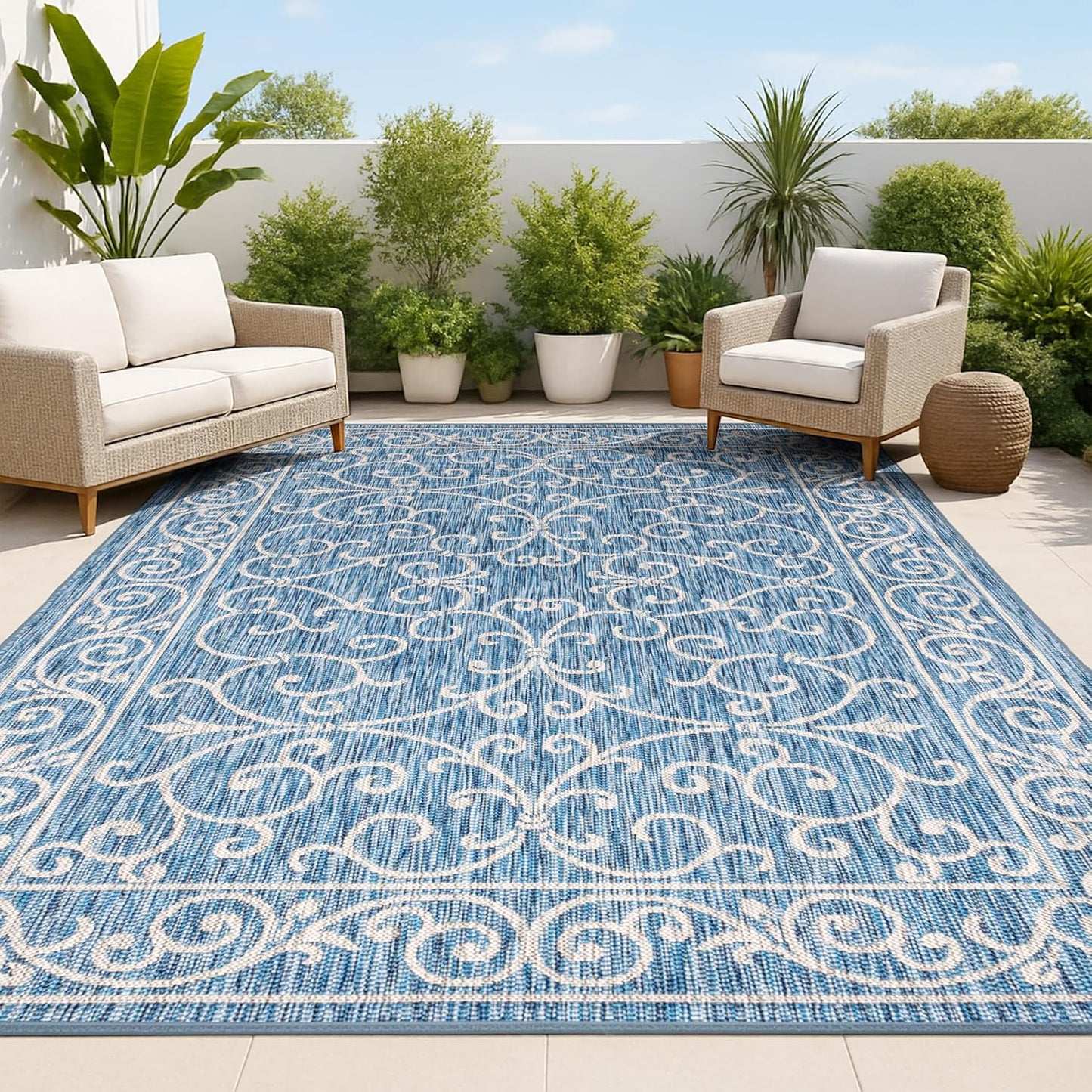 JONATHAN Y Vintage Filigree Indoor Outdoor Area Rug 8X10 Navy/Gray, Charleston Textured Weave for Backyard, Patio, Porch, Easy-Cleaning, High Traffic, Pet-Friendly, Non-Shedding (SMB106D-8)