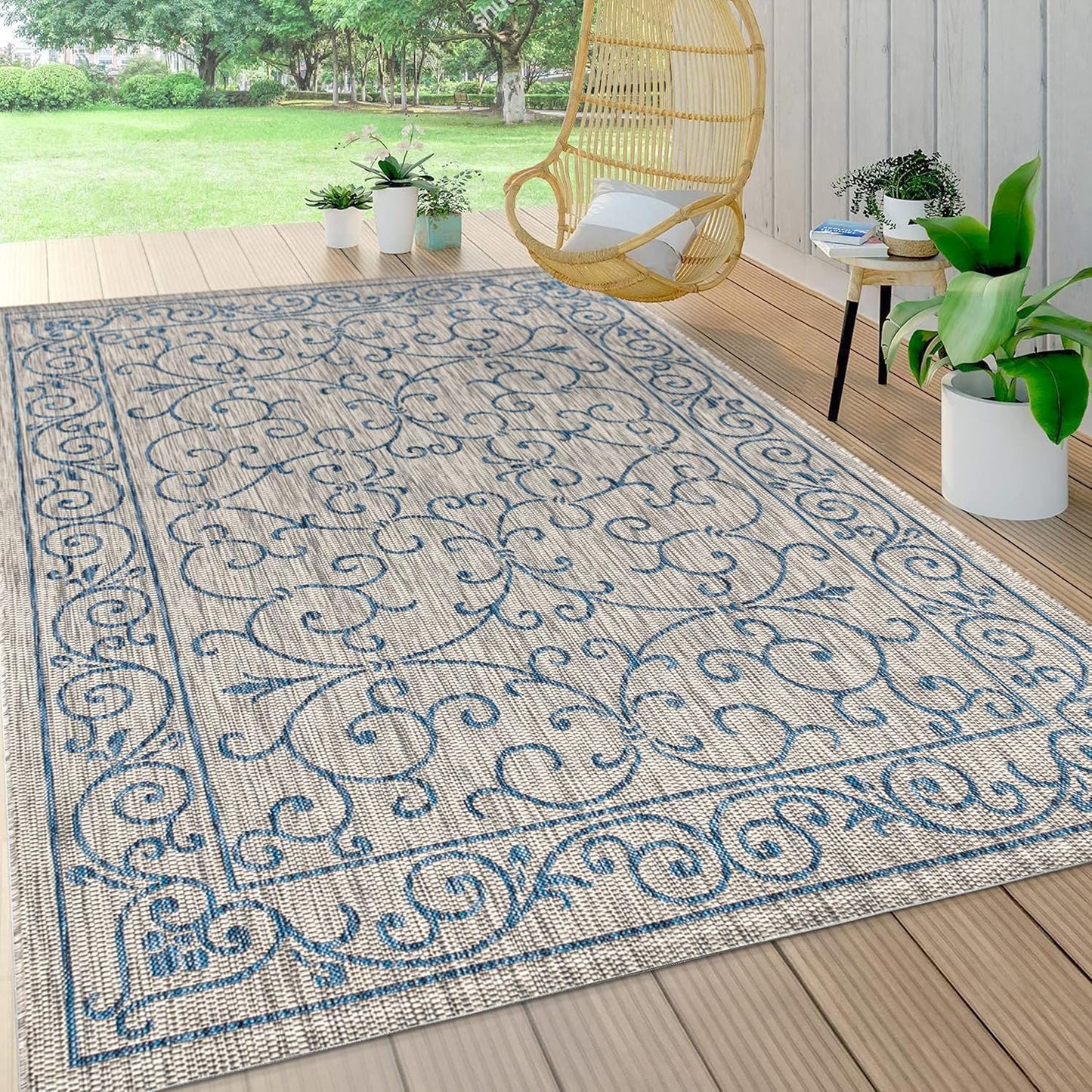 JONATHAN Y Vintage Filigree Indoor Outdoor Area Rug 8X10 Gray/Navy, Charleston Textured Weave for Backyard, Patio, Porch, Easy-Cleaning, High Traffic, Pet-Friendly, Non-Shedding (SMB106C-8)